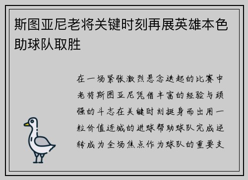 斯图亚尼老将关键时刻再展英雄本色助球队取胜 斯图亚尼老将关键时刻再展英雄本色助球队取胜