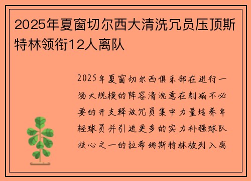2025年夏窗切尔西大清洗冗员压顶斯特林领衔12人离队